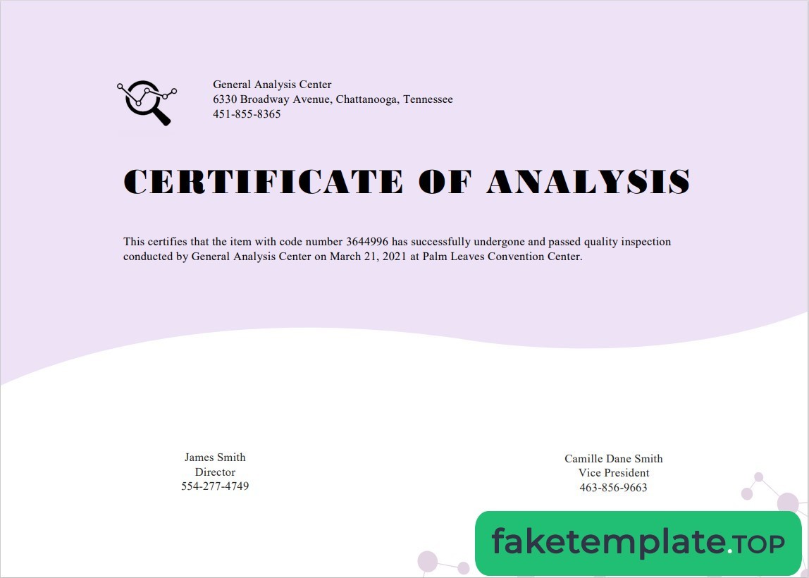 Feature of fake USA General Analysis cert